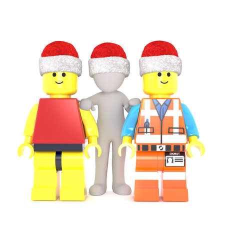 Full body 3d toon in Santa hat stood with two with lego figures on white backgroundのeditorial素材