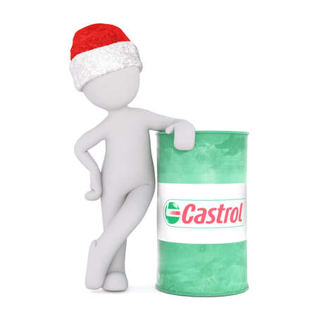 3d man standing leaning on a green can or barrel of Castrol oil wearing a red Christmas hat, rendered illustration on whiteのeditorial素材