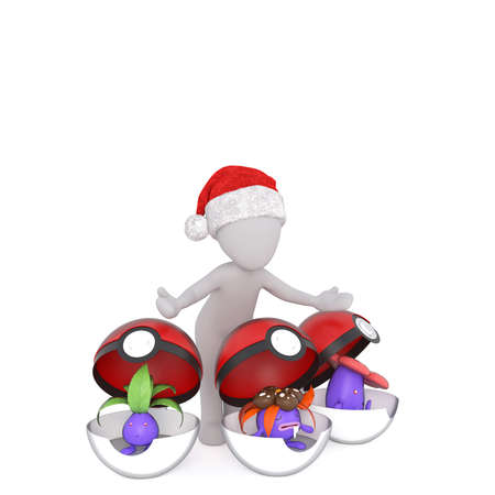 Full body 3d toon in Santa hat with open baubles with different gifts, white backgroundのeditorial素材