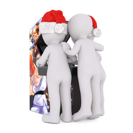 Three full body toons in Santa hats playing video arcade game on white background