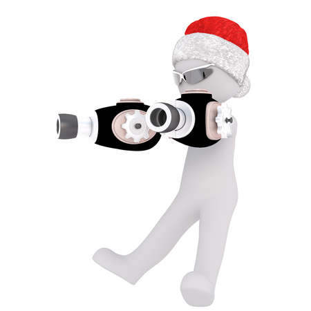 Full body portrait of 3d toon figure in Santa hat with ray guns on whiteの写真素材
