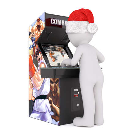 Full body 3d toon in Santa hat playing video arcade machine on whiteのeditorial素材