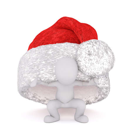 Fun little 3d man hiding under a colorful bright red Christmas hat as he celebrates the holiday season, isolated 3d rendered cartoon illustration on whiteの写真素材