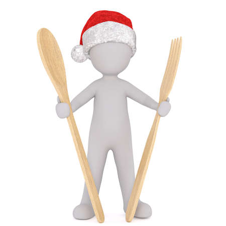 3d man in a Santa hat holding large wooden cooking utensils with a spoon and fork in his hands in a concept of catering for Christmas, rendered illustration on whiteの写真素材
