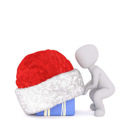 3d man lifting a Santa hat off an Xmas gift or covering it as a surprise for a loved one for Christmas, isolated 3d rendered cartoon illustration on whiteの写真素材