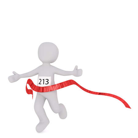 3d Rendering of Cartoon Figure Wearing Number 213 While Running Across Red Marathon Race Finish Line in front of White Backgroundの写真素材