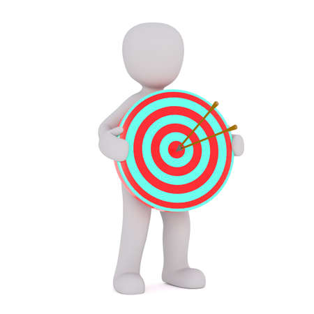 3d Rendering of Cartoon Figure Holding Bulls Eye Target with Two Arrows in Center in front of White Background - Goal Concept Imageの写真素材