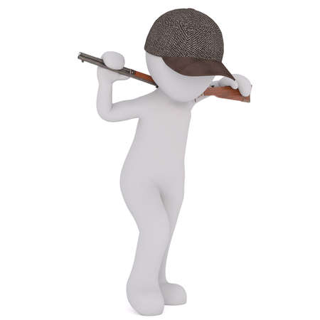 3d Rendering of Cartoon Figure Wearing Hunter Cap and Carrying Rifle Gun Over Shoulders While Walking Across White Background with Copy Spaceの写真素材