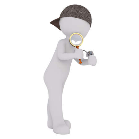 3d Rendering of Cartoon Figure Wearing Cap and Holding Pipe and Magnifying Glass in front of White...