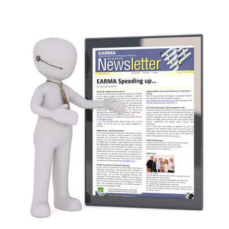 3D rendered figure gestures towards newsletter displayed on an over sized deviceのeditorial素材