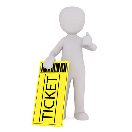 3d Rendering of Cartoon Figure Holding Large Yellow Admission Ticket and Giving Thumbs Up Hand...