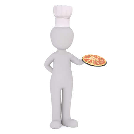 3d Rendering of Cartoon Figure Wearing Chef Hat and Holding Pizza on Pan While Standing White Background with Copy Spaceの写真素材