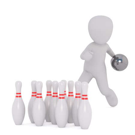 3d Rendering of Cartoon Figure Tossing Bowling Ball Toward Bowling Pins in front of White Background with Copy Spaceの写真素材