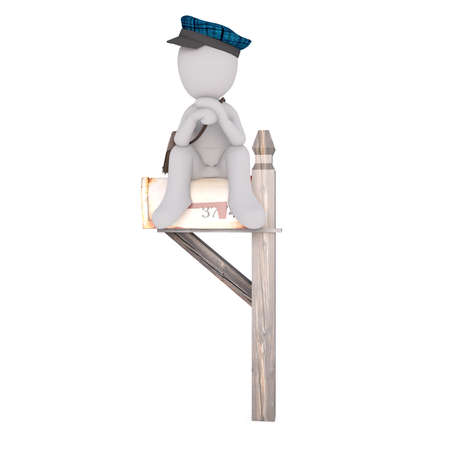 Little faceless cartoon character of postman in blue cap sitting over mailbox propping head looking away, 3D render isolated on whiteの写真素材