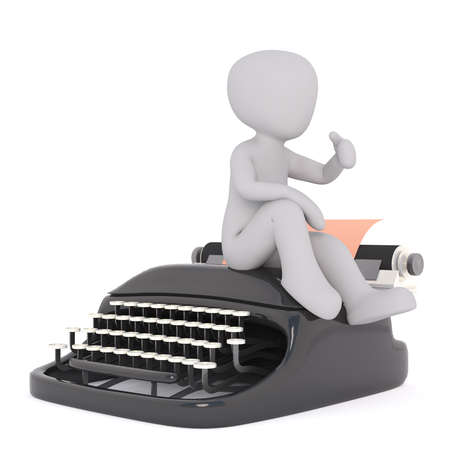 Little faceless cartoon man thumbs up while sitting on the vintage typewriter machine, 3D render isolated on white bacgroundの写真素材