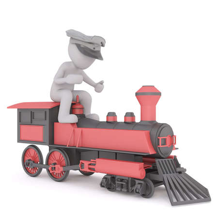 3d Train driver in his cap sitting on top of the colorful red engine, rendered cartoon illustration on whiteの写真素材