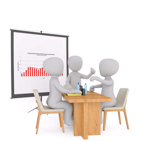 Group of 3d rendered cartoon businessmen in a meeting seated around an office table discussing a performance chart on the wallの写真素材