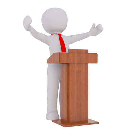 3d businessman or lecturer giving a presentation standing behind a lectern, rendered cartoon illustration on whiteの写真素材
