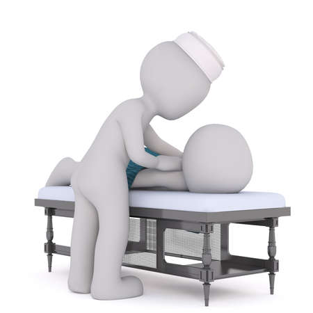 Cartoon 3d man having a massage from a masseuse at a spa or getaway resort as he lies on a table, rendered illustration on whiteの写真素材