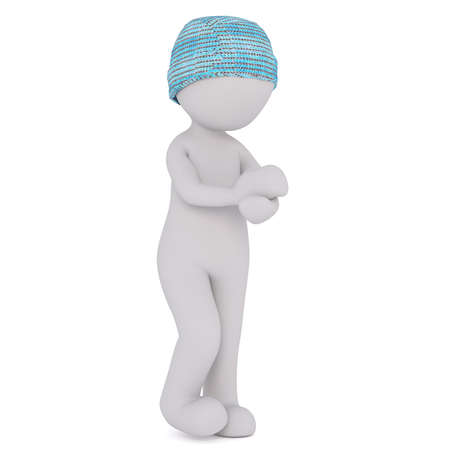Cold 3d toon figure rubbing hands wearing blue woolly hat, white background
