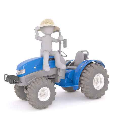 Cute 3d cartoon farmer wearing a straw hat sitting on the bonnet of a blue tractor over a white backgroundの写真素材