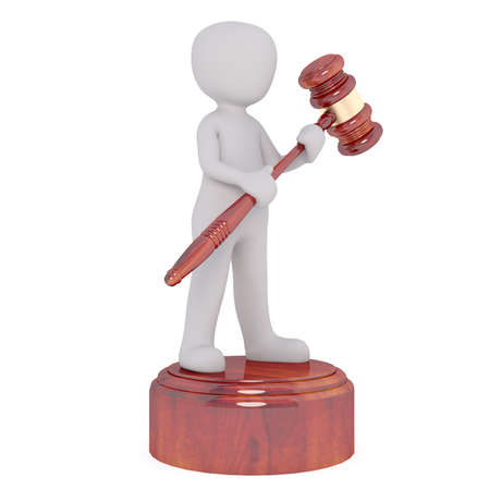 Faceless cartoon man standing on striking surface and holding gavel mallet in front of him, 3D render isolated on whiteの写真素材