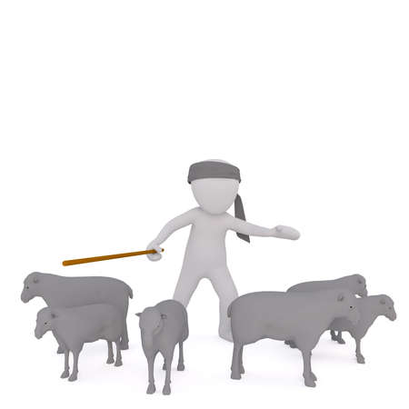 3d rendered cartoon shepherd or herder with his flock of stubborn sheep facing in opposite directions as he waves a crookの写真素材
