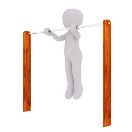 3d toon figure performing pull ups on a white background