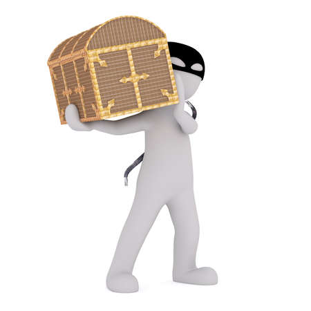 3d man in a mask with a jemmy stealing a treasure chest carrying it away on his shoulder, rendered cartoon illustration on whiteの写真素材