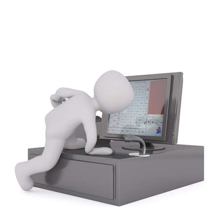 3d toon character climbing on cash till register, white backgroundの写真素材