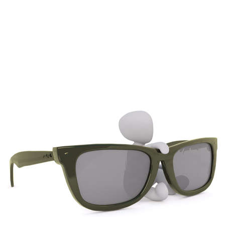 3D render faceless cartoon man sitting behind huge black sunglasses, isolated on white background