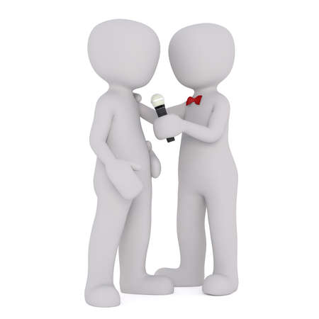 Man with the microphone give a word to other man, 3D render faceless cartoons isolated on white backgroundの写真素材