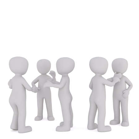 Faceless cartoon people standing on meeting and talking, 3D render isolated on white backgroundの写真素材