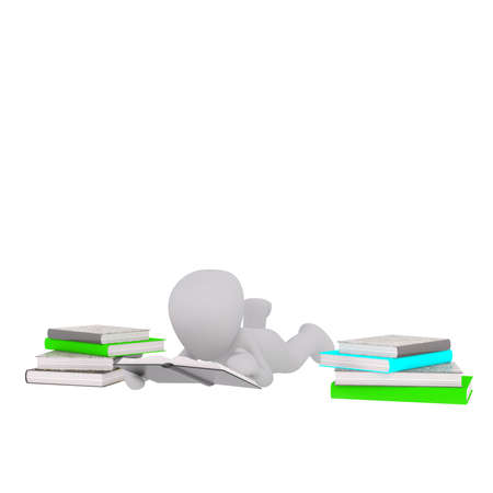 3d toon character lying on ground reading with stacks of books on either side, white backgroundの写真素材