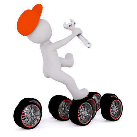 Faceless cartoon 3D man in red cap with wrench falling back slipped on car wheels. Isolated on white backgroundの写真素材