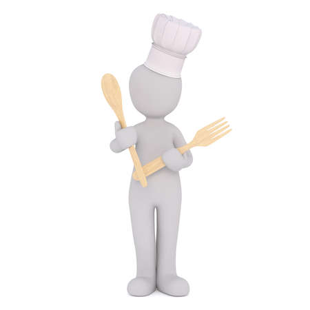 Faceless grey cartoon character wearing chefs hat holding wooden utensils, 3D render isolated on white backgroundの写真素材