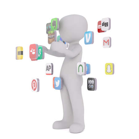 3d Rendering of Cartoon Figure Standing in front of White Background with Variety of Hovering Computer Application Iconsのeditorial素材