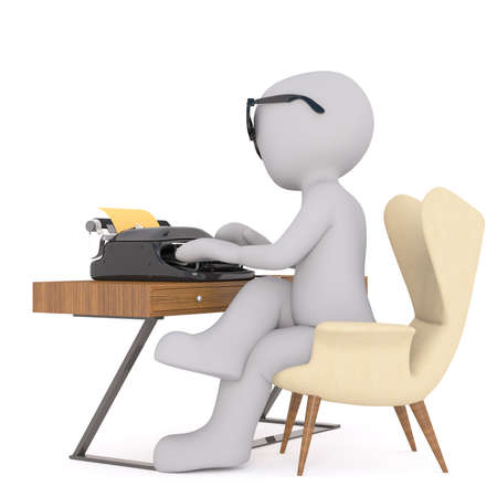 Incognito man wearing glasses comfortably sitting in armchair at desk typing on vintage typewriter, isolated on whiteの写真素材