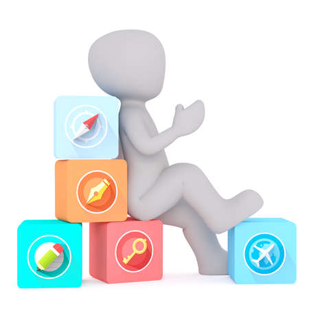 3d toon resting on cubes containing key, aircraft and pen icons, white backgroundの写真素材