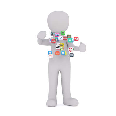 3d toon stood with application and social media icons in front of upper bodyのeditorial素材