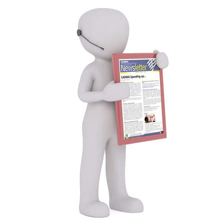 3D rendered figure holds book with newsletter attached its cover against a white backgroundの写真素材