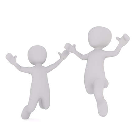 Two faceless cartoon characters happily jumping with hands up, 3D render isolated on white backgroundの写真素材