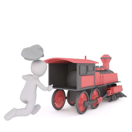 3d Conductor or driver running after a departing train engine with his cap flying off behind him, rendered cartoon illustration on whiteの写真素材