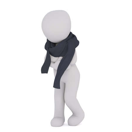 Faceless cartoon 3D man standing wrapped up in black scarf trying to warm himselfの写真素材