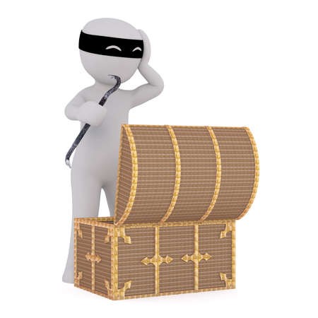 Surprised 3d thief or burglar wearing a mask looking into an open treasure chest he has broken into with a jemmy, rendered cartoon illustration on whiteの写真素材
