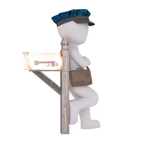 Character of faceless cartoon postman leaning back on wooden mailbox standing in cap with bag, 3D render isolated on whiteの写真素材