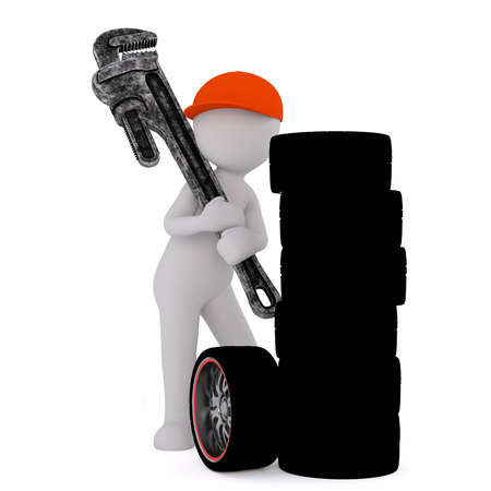 3D figure of faceless man mechanic in red cap with giant wrench and pile of tyres, isolated on whiteの写真素材