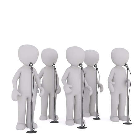 Several faceless cartoon men standing and talking or singing into microphones all at once, 3D render isolated on whiteの写真素材