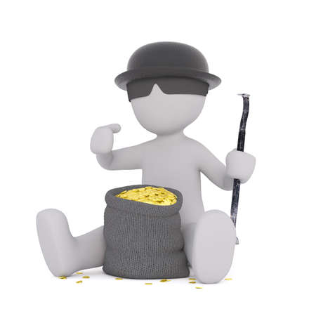 Incognito character wearing hat with sunglasses sitting next to bag of coins, 3D render isolated on whiteの写真素材