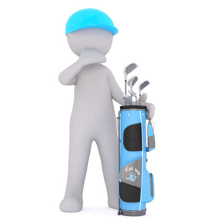3d golfer wearing a blue baseball cap standing with his golf bag full of clubs, rendered cartoon illustration on whiteの写真素材
